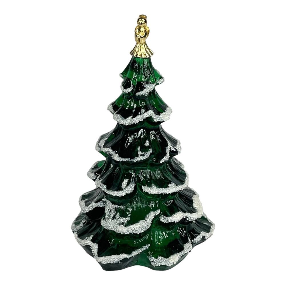 Fenton Glass Christmas Tree Figurine Green Gold Angel Snow Frosted Lg 6.5" Vtg